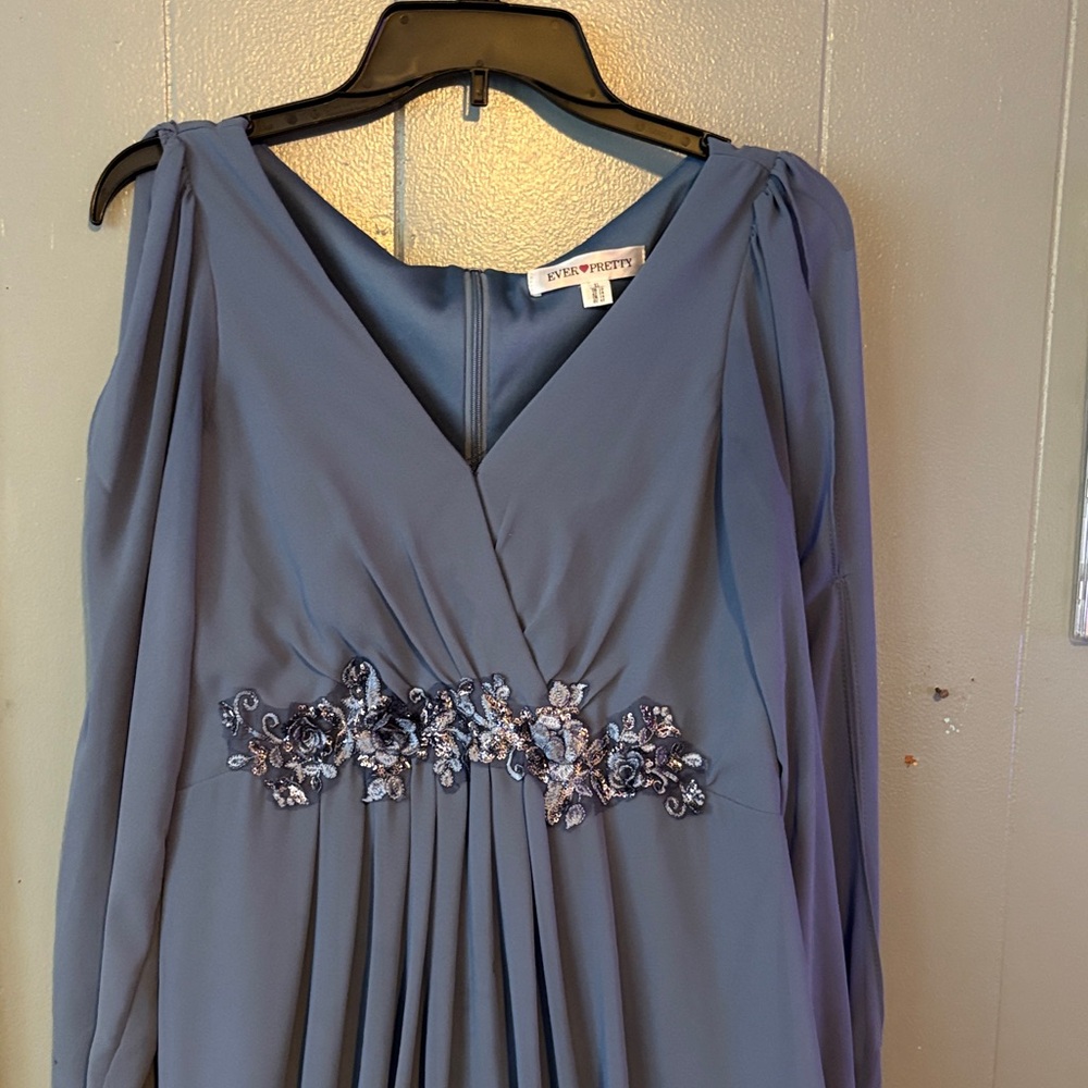 Ever Pretty Blue Long Sleeve Dress with Floral Embellishments